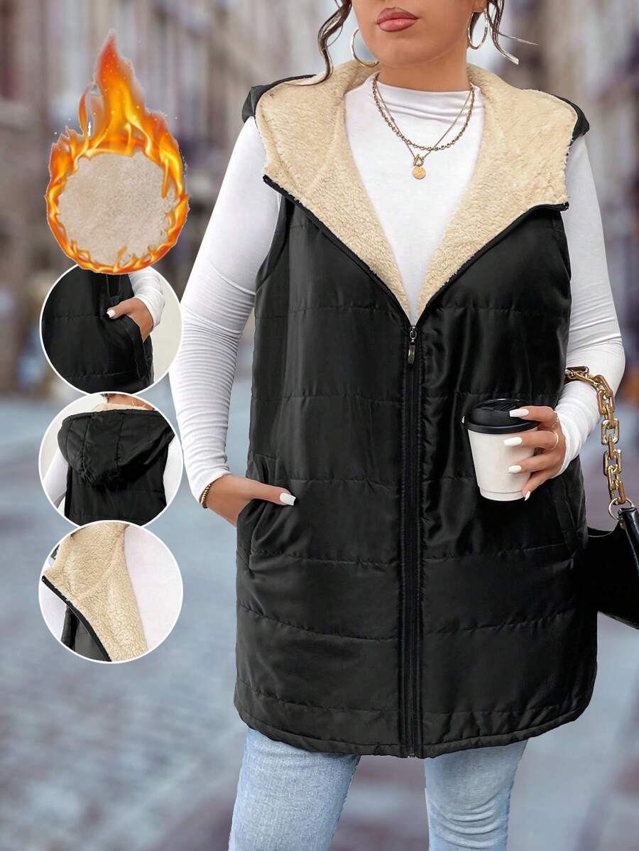 SHEIN LUNE Chaleco con capucha con cremallera y forrado cálido de talla grande con bolsillos en diagonal, ropa de otoño/invierno