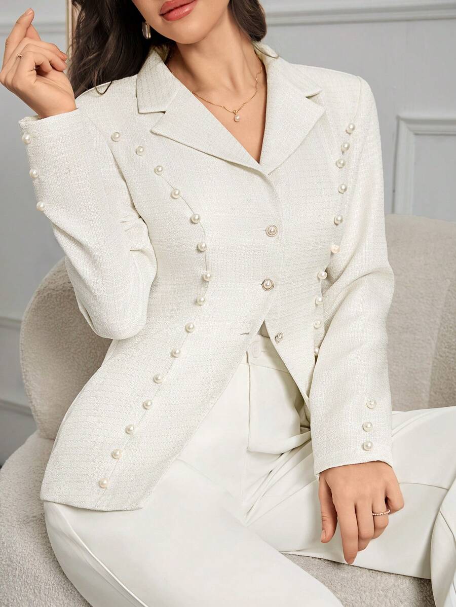 Modelyn Women Elegant Pearl Beaded Collar Cinched Waist Blazer Jacket For Commuting, Autumn Winter, Elegant Regular Blazers, For Evening Party/Wedding Guest/Anniversary