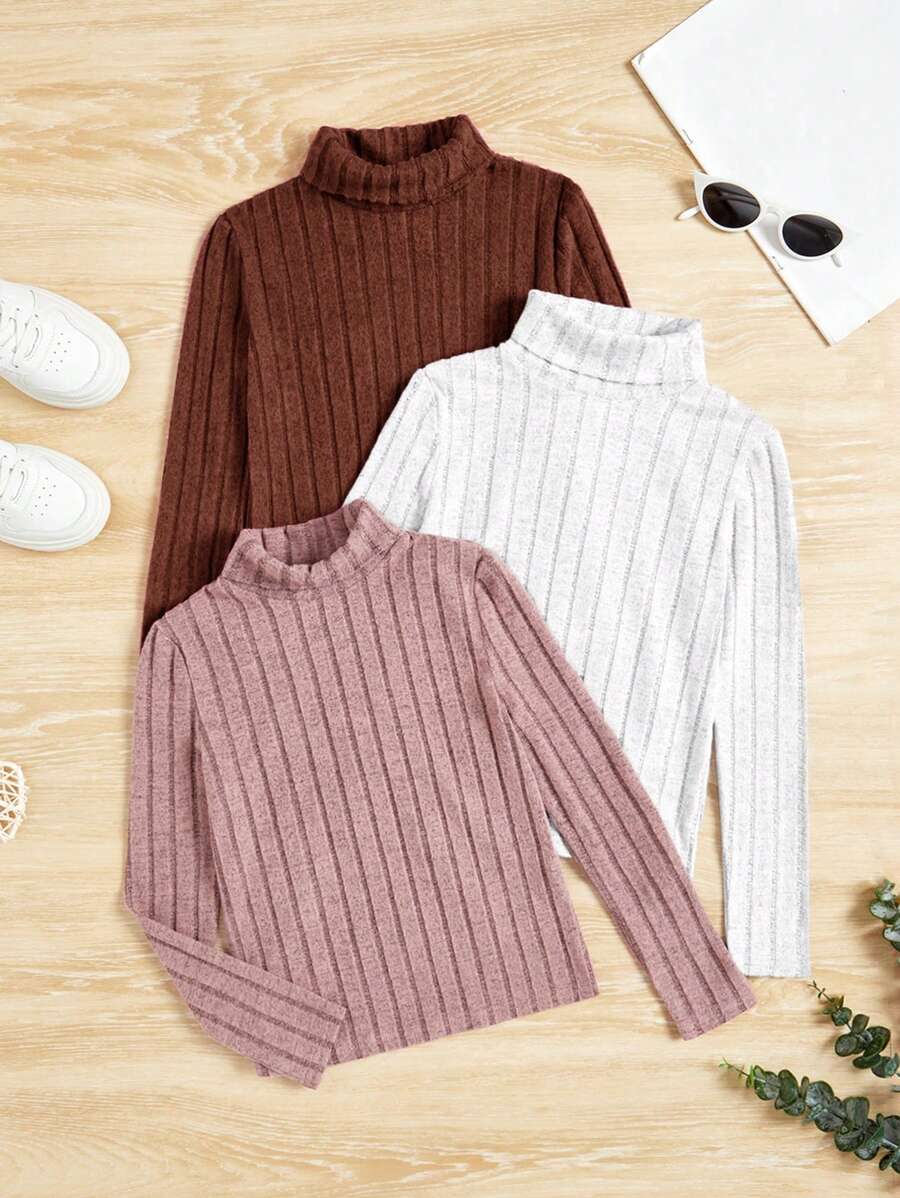 Set da 3 magliette a maniche lunghe, aderenti, a girocollo, casual, di colore unito, per ragazze pre-adolescenti