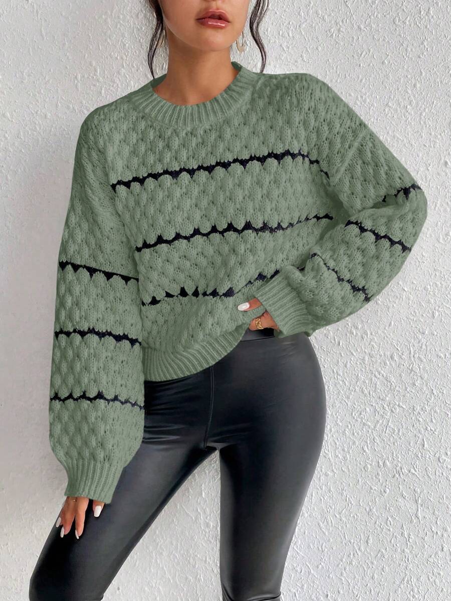 Chiquease Women's Casual Everyday Crew Neck Contrast Color Loose Drop Shoulder Sweater, Autumn/Winter