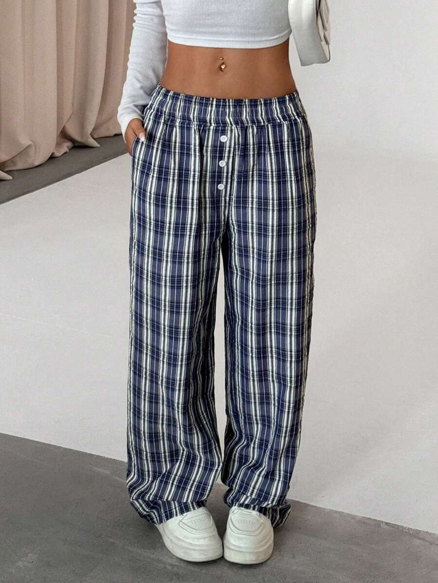 Flirla Women's Fashionable Loose Plaid Straight Leg Pants, Casual Wear
