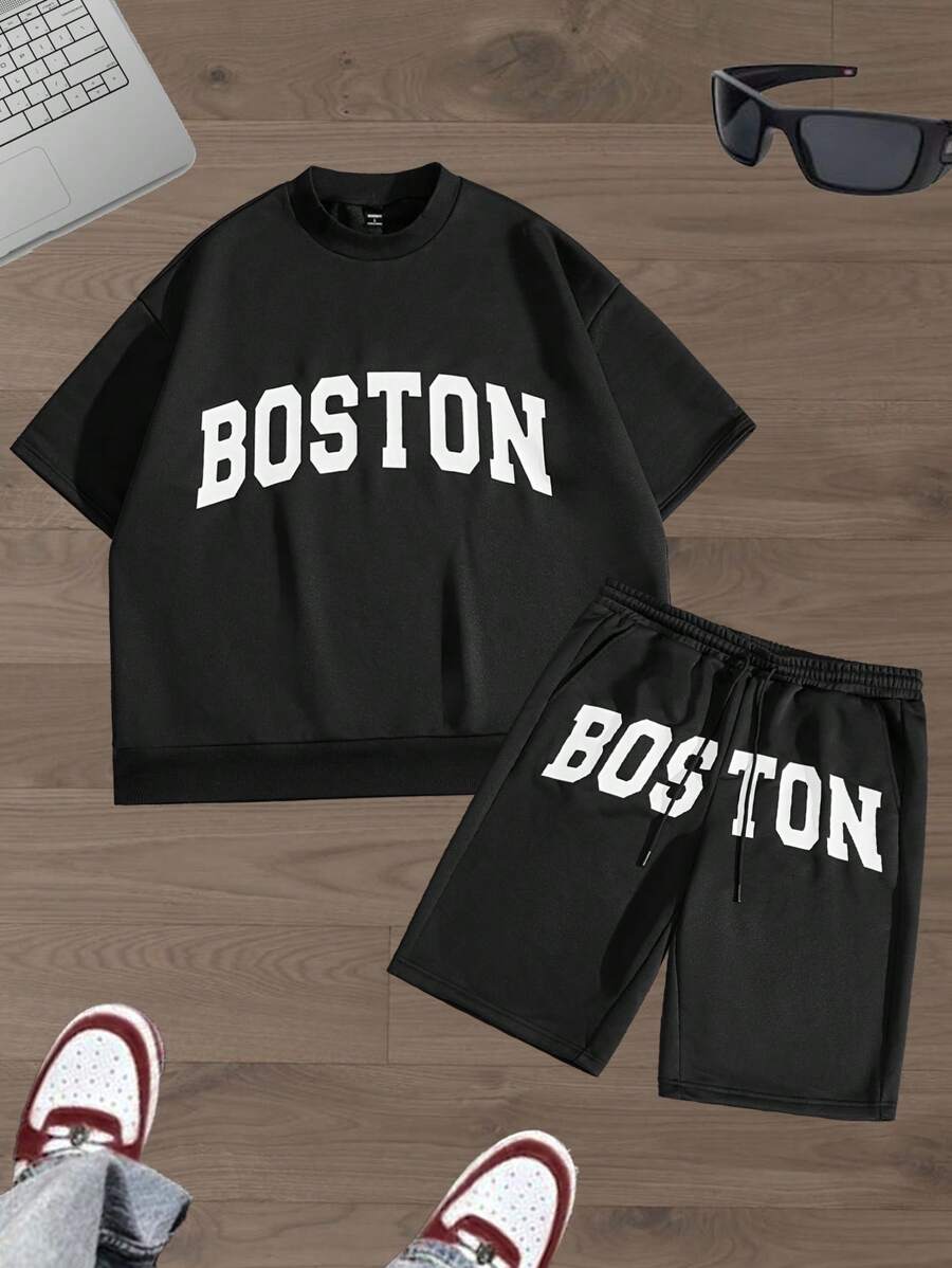 Manfinity VCAY 2pcs Men's Casual Letter Print Round Neck Short Sleeve T-Shirt & Shorts Set, Summer