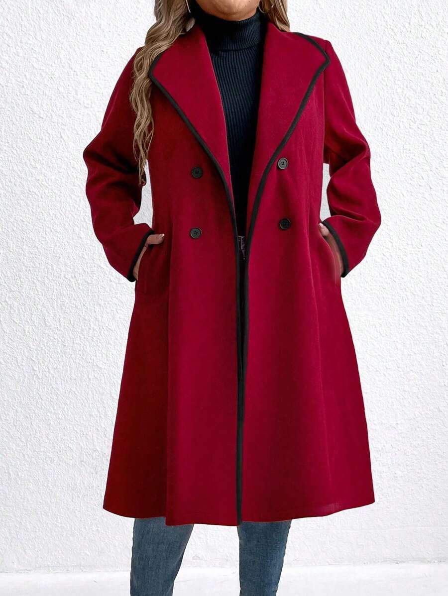 Abrigo con bolsillos y doble botonadura en color liso, talla grande, para otoño/invierno