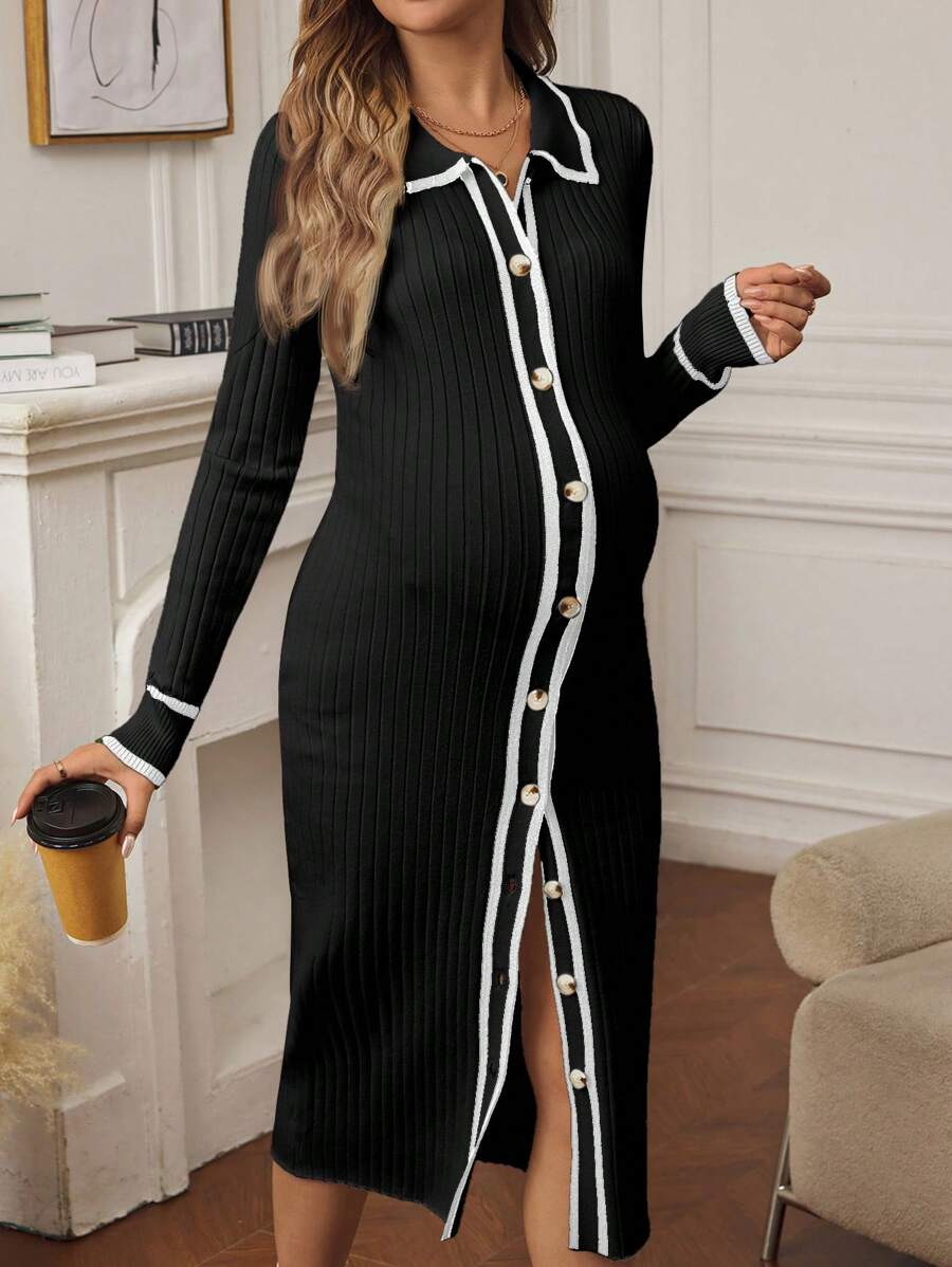 SHEIN Maternity Contrast Color Rib-Knit Cardigan Long Sleeve Long Sweater, For Winter