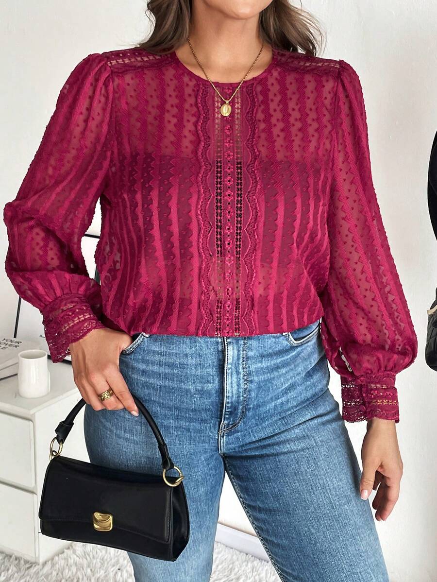 SHEIN Frenchy Plus Solid Fall Lantern Sleeve Blouse Without Cami Top,Lace,Long Sleeves,Date Night