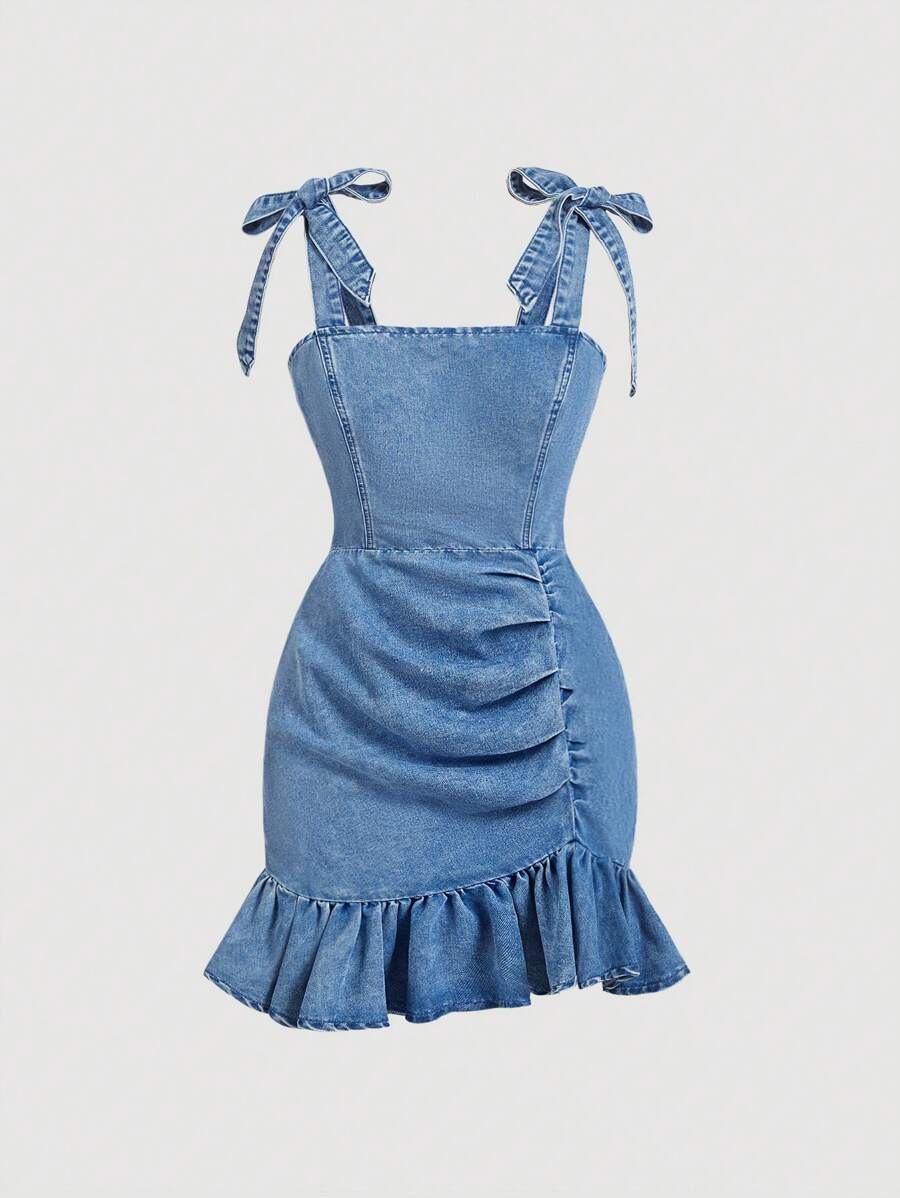 SHEIN MOD Vestido informal de mujer de mezclilla lavada con volantes en el bajo y tirantes