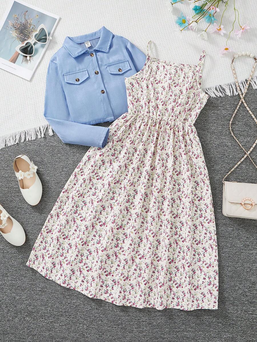 SHEIN Set de 2 piezas para niñas preadolescentes con camisa de manga larga de una hilera y vestido de tirantes con estampado floral vintage