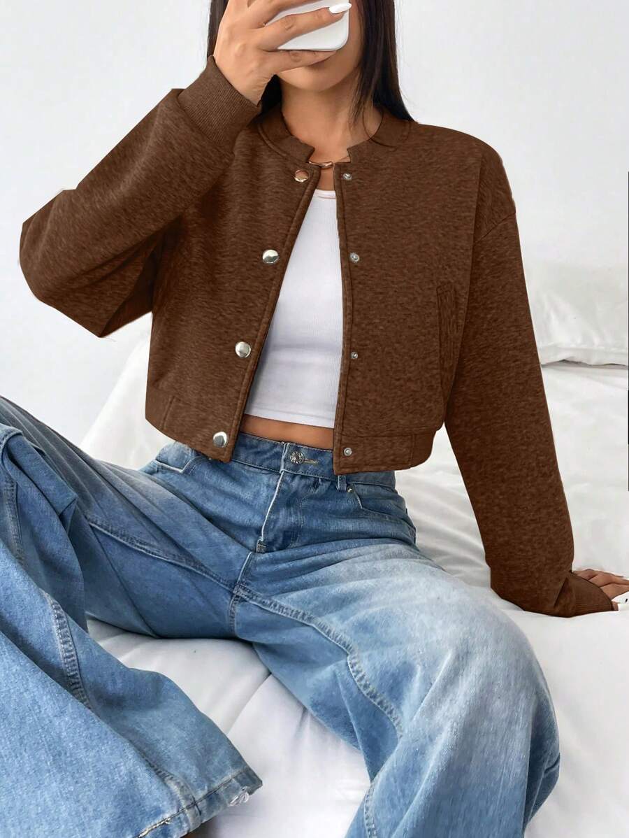 Chiquease Button Front Long Sleeve Crop Casual Jacket For Women, Minimalist American Style