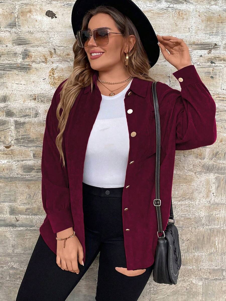 SHEIN LUNE Plus Size Women Casual Solid Color Drop Shoulder Loose Pockets Button-Down Shirt