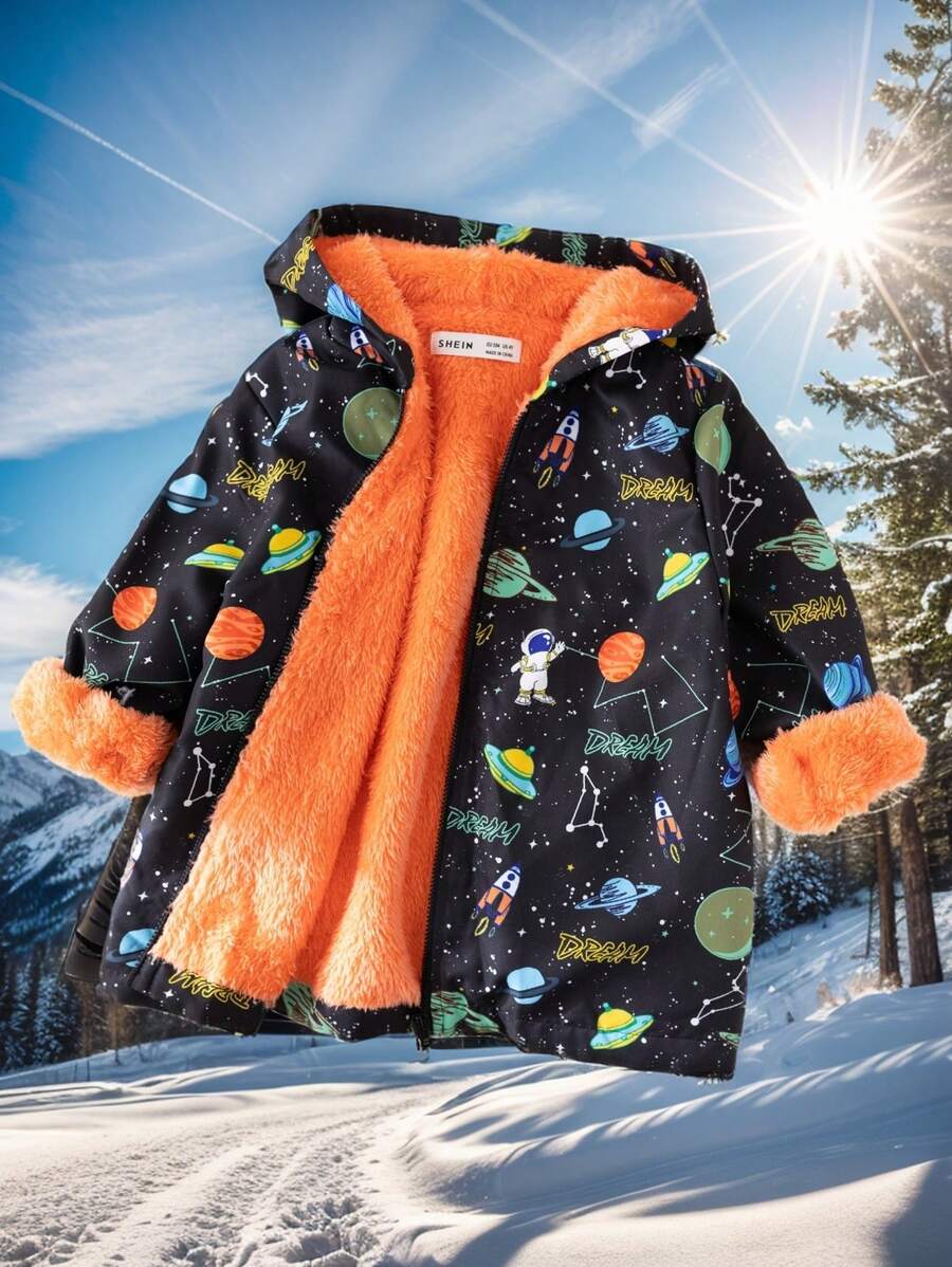 Pacote de 1 peça para meninos jovens, lazer, faculdade, moda confortável, simples, prático, tudo combinando, macio e confortável, com estampa completa de yuavians e estrelas, combinação de padrão, confortável, quente, casaco grosso para o dia, roupas infantis, roupas para meninos, escola, volta às aulas, roupas para meninos, roupas escolares, roupas esportivas, roupas de outono e inverno