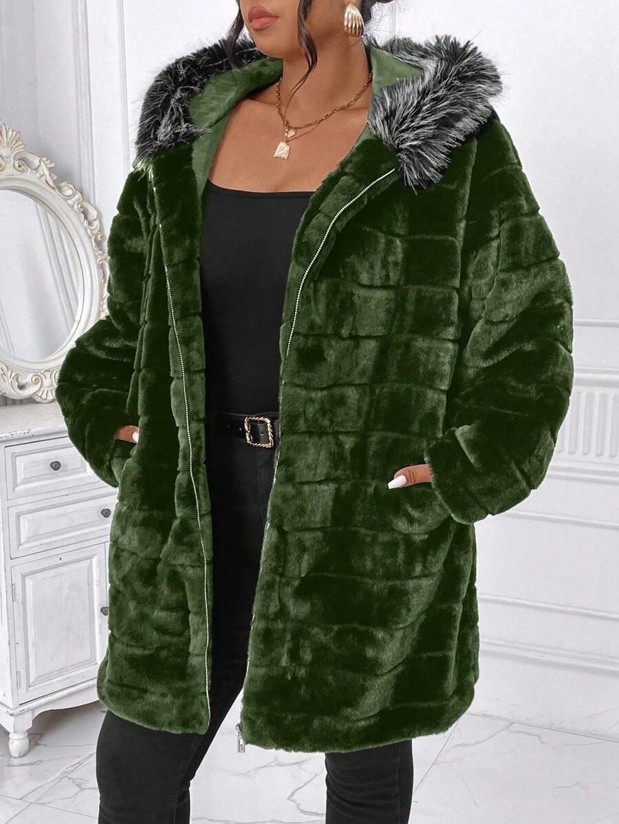 SHEIN LUNE Plus Size Long Sleeve Zip Front Fluffy Patchwork Casual Coat, Winter