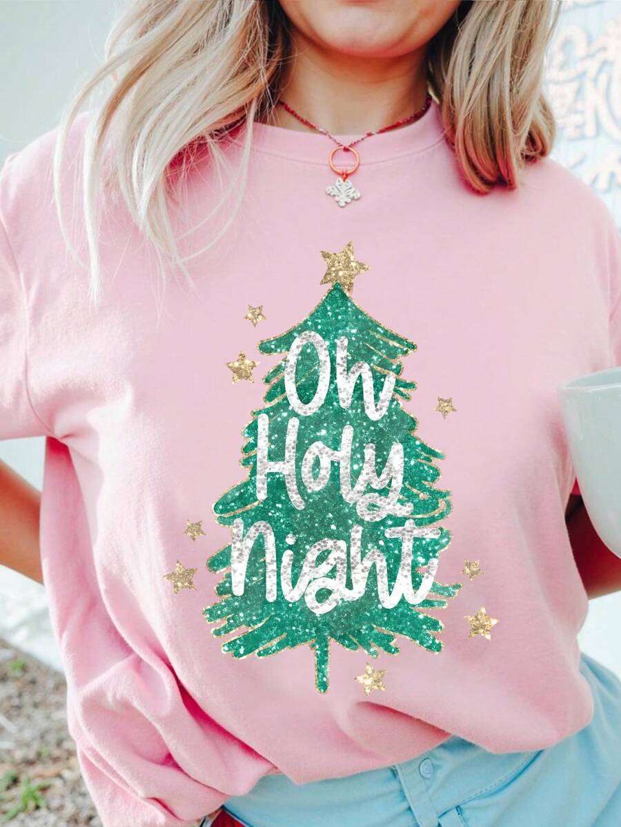 SHEIN Camiseta gráfica de manga corta para mujer con estampado casual de árbol de Navidad con lentejuelas, brillo y eslogan