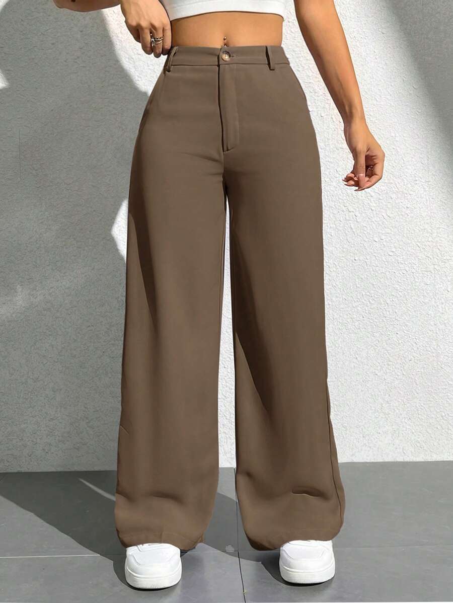 SHEIN PETITE Women Casual Solid Color Straight Leg Pants