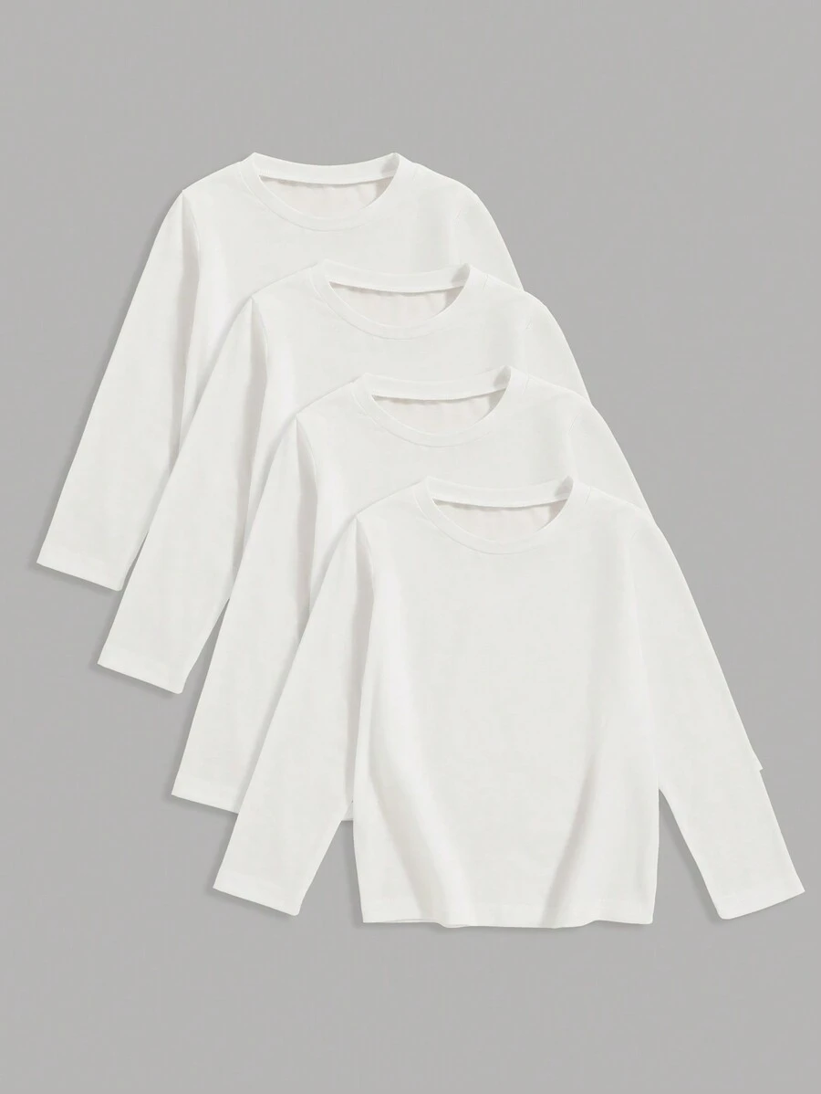 4pcs/Set Young Boy Casual Solid Color Round Neck Long Sleeve T-Shirt, Versatile For All Seasons