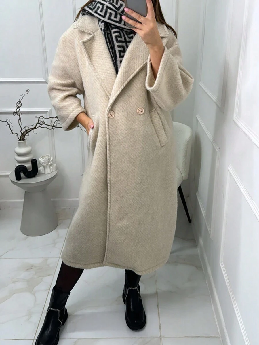 SHEIN Frenchy Women's Casual Striped Solid Color Drop Shoulder Long Sleeve Pockets Lapel Warm Brushed Woolen Coat, Autumn & Winter,Twill Texture Suit Collar Long Tweed Coat,Business Casual Women,Winter Women Costumes,Long Women Coats