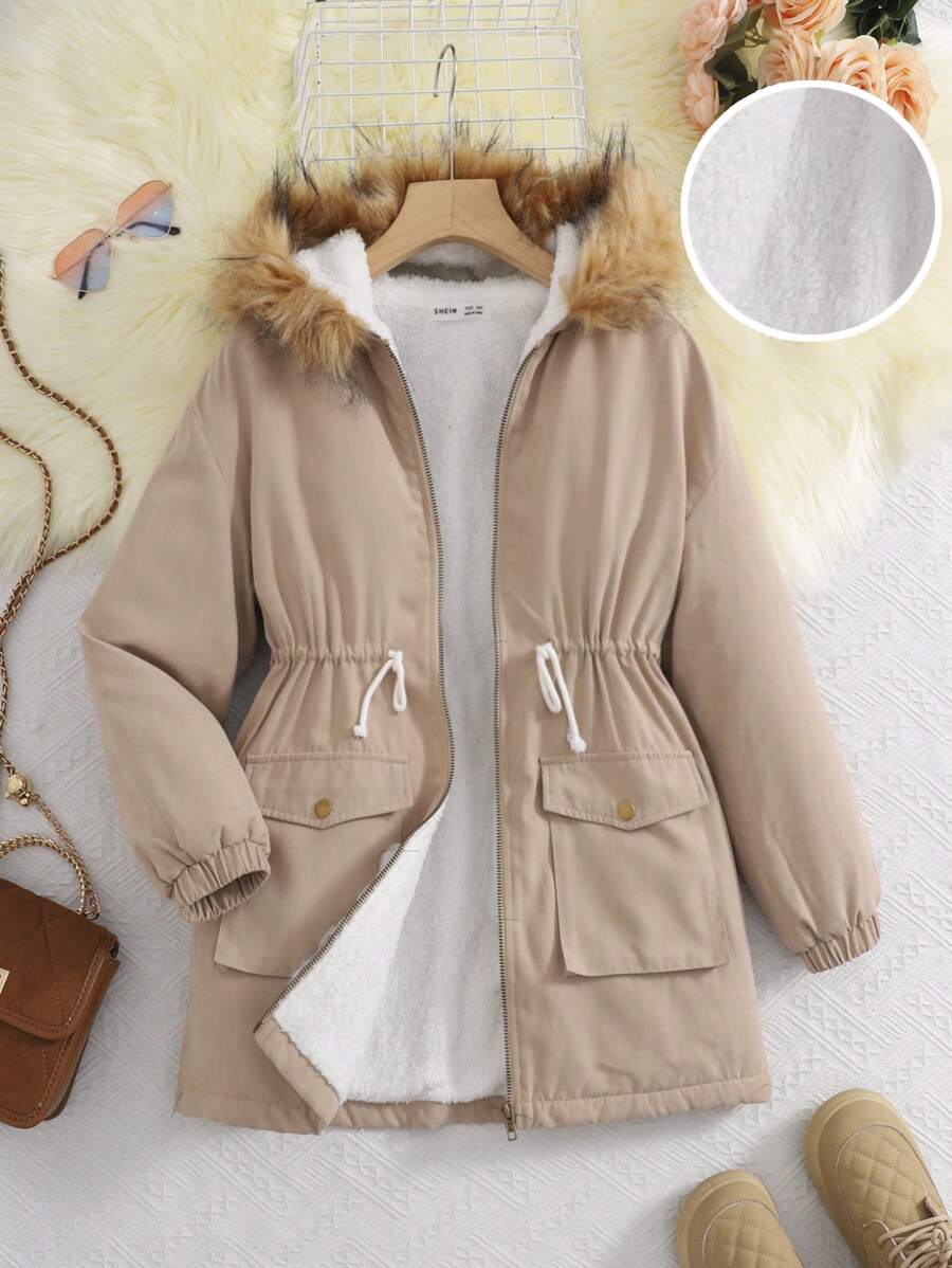 Abrigo medio holgado y cómodo de color beige para niña preadolescente, con capucha forrada y peludo cuello con bolsillos, abrigado para otoño e invierno