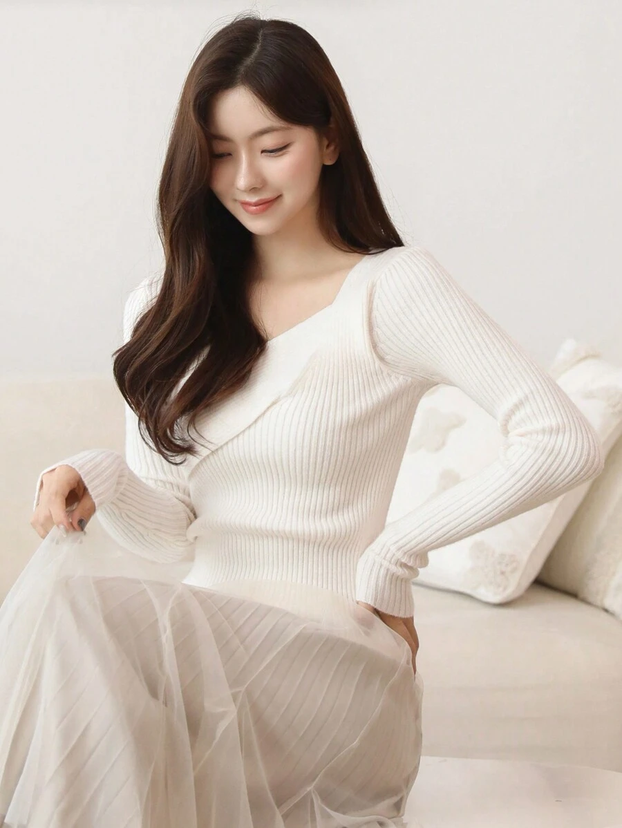 DAZY 1 pièce Pull tricoté ajusté asymétrique de couleur unie décontracté pour femmes, vêtements d'automne