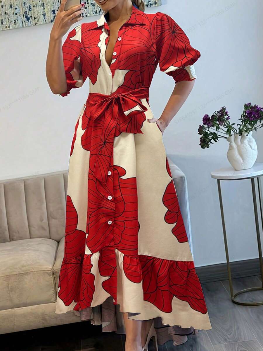 Calvaya Vestido de mujer tipo camisa de largo maxi con botones frontales, cintura con lazo y estampado floral