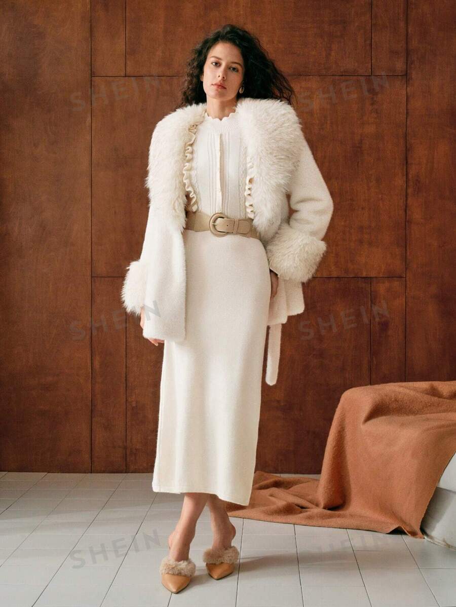 MOTF PREMIUM Vestido suéter de punto trenzado con cuello alto y ribete de volantes, sin cinturón