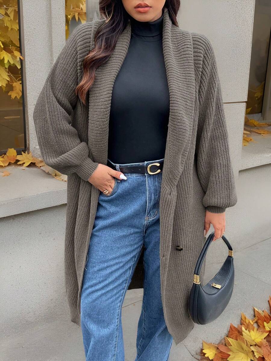SHEIN Frenchy Suéter largo de otoño de talla grande, suéteres cálidos, ropa para salir, ropa para el aeropuerto, ropa para mujer con solapa grande, cárdigan de botones con mangas largas, informal para uso diario