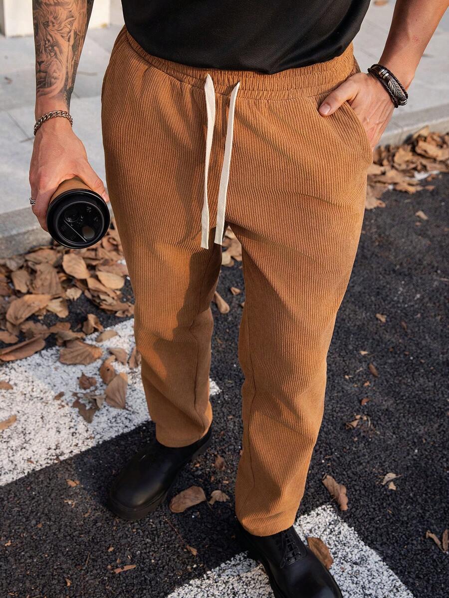 Manfinity VCAY Pantalones casuales rectos y delgados con cintura elástica tejida, aptos para uso diario para hombres