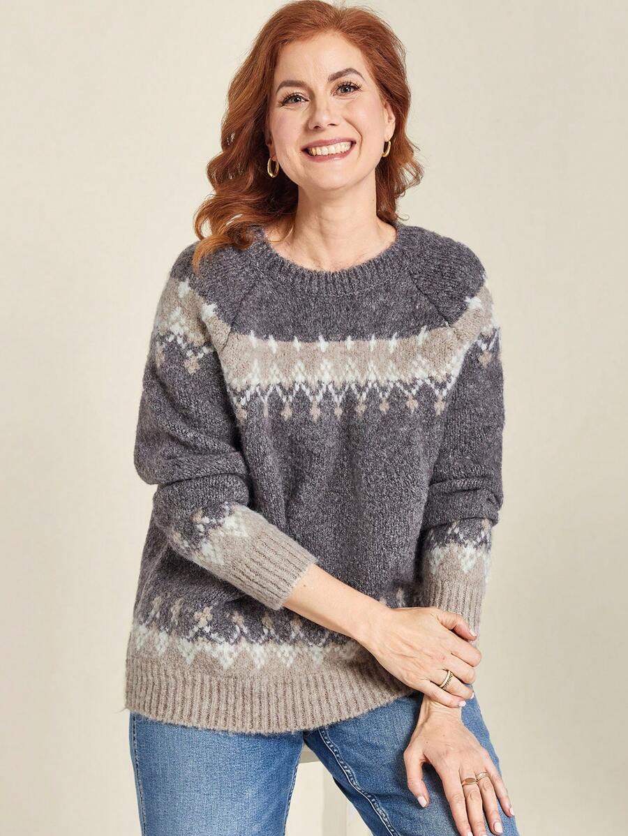 EMERY ROSE Plus Size Women Geometric Pattern Round Neck Raglan Long Sleeve Casual Knit Sweater, Fall Autumn/Winter
