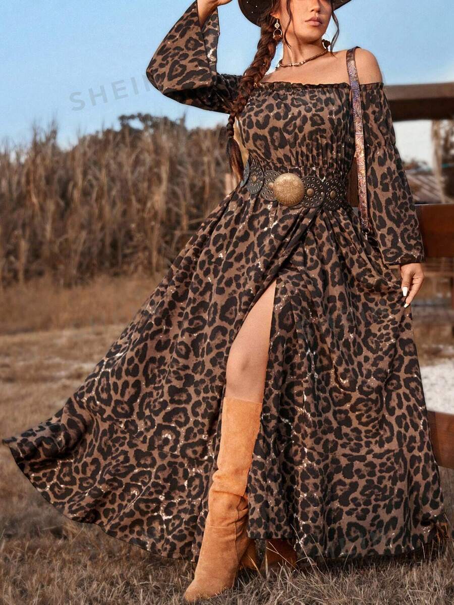 Freevana Vestido casual de talla grande con corte evasé, lazo delantero, volante en el dobladillo y abertura alta, estampado de leopardo, en estilo bohemio para otoño/invierno