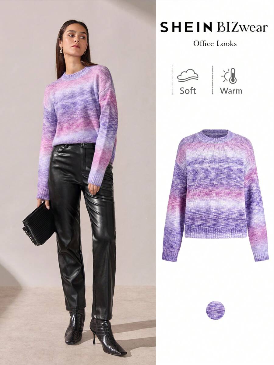 BizChic Christmas Gradient Pink-Purple Knit Sweater Tops, Fashionable Commute Wear For Women, Spring/Summer Offic