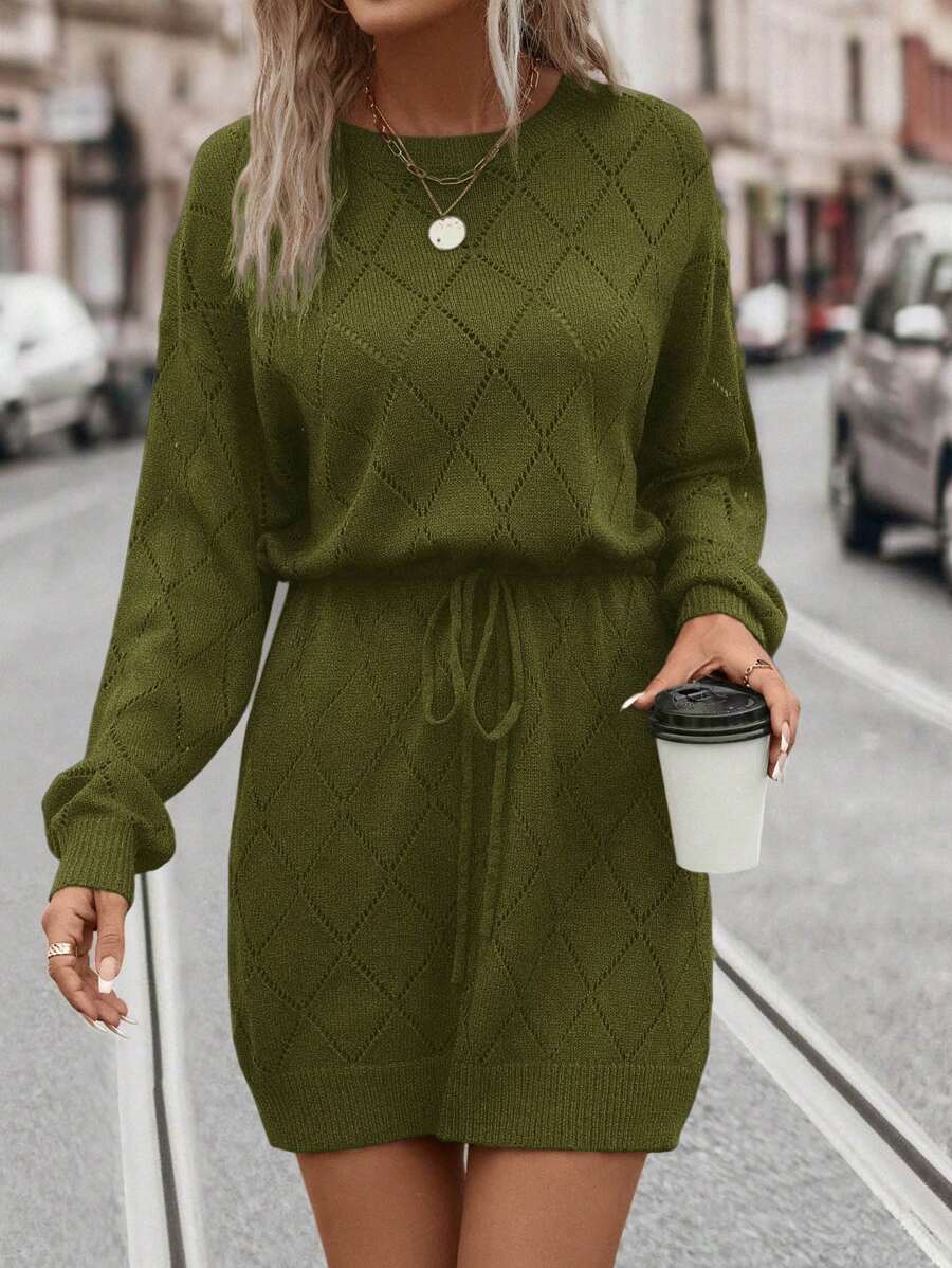 SHEIN LUNE Plus Size Women's Elegant Casual Daily Commute Autumn Winter Round Neck Drop Shoulder Pattern Waist Drawstring Loose Black Sweater Dressbusiness Casual Woman,Holiday Outfits,Country Tops
