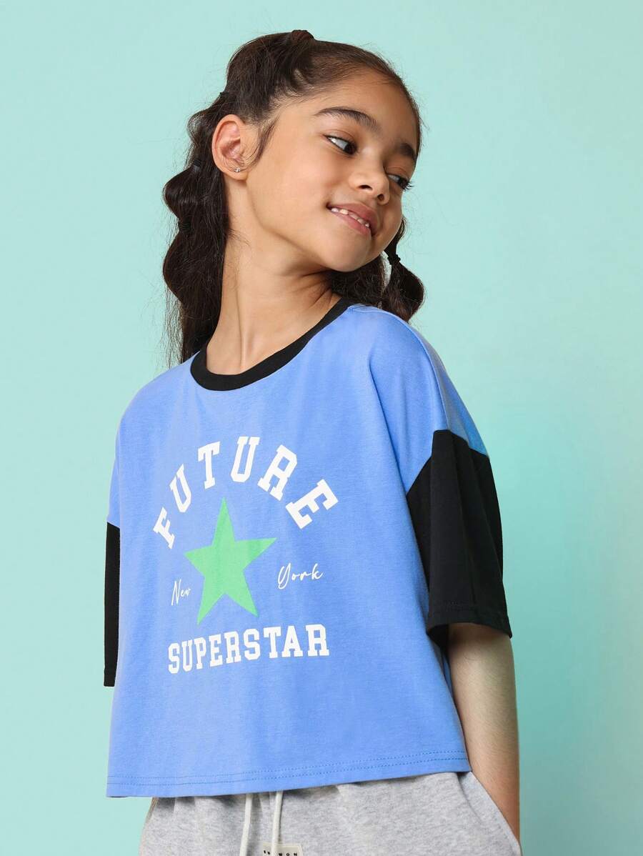 SUMWON Tween Girls Crop Fit Colour Block Sleeve Tee With Graphic Print