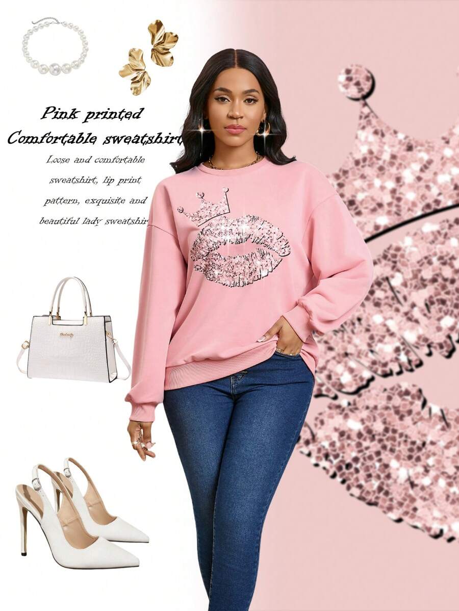 SHEIN Lady Autumn And Winter Pink Tracksuit Christmas Sweatshirt Long Sleeve Graphic Sweatshirt Women's Sweatshirt Imitation Hot Diamond Printed Pattern Loose Sweatshirt Pink Elegant Women's Fashion Sweatshirt