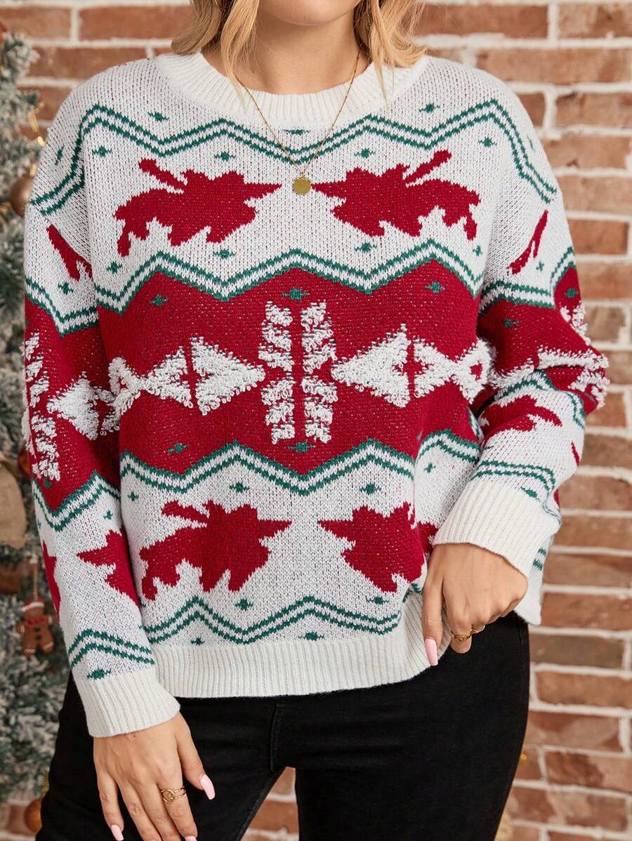 SHEIN LUNE Plus Size Winter Round Neck Long Sleeve Graphic Detailed Casual Knit Top Sweater