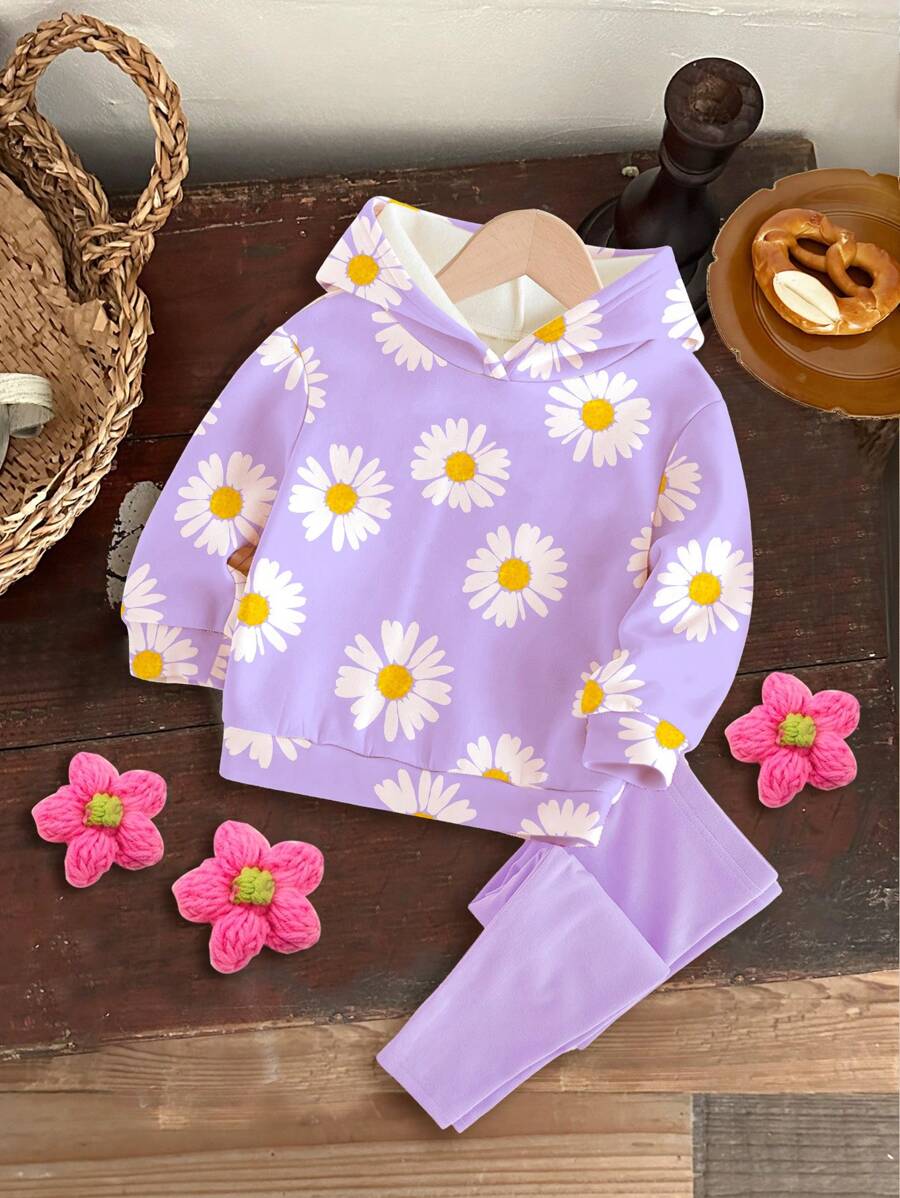 SHEIN Conjunto casual de 2 piezas para niña bebé "Margarita", con estampado floral lindo en morado, que incluye sudadera holgada con gráfico de letra y pantalón relajado, dulce y tranquilo