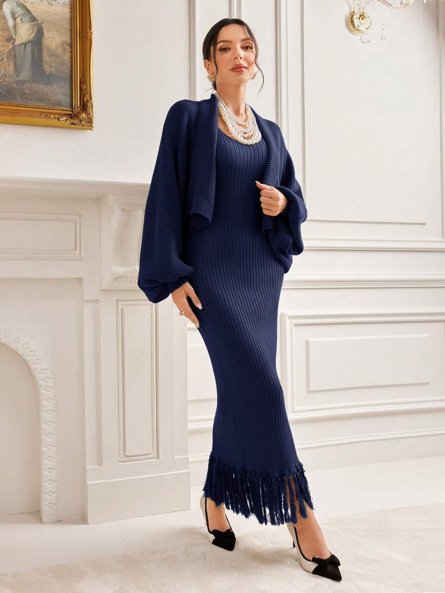 Modelyn Conjunto de 2 piezas de vestido y cárdigan con dobladillo de flecos elegante para mujer, otoño