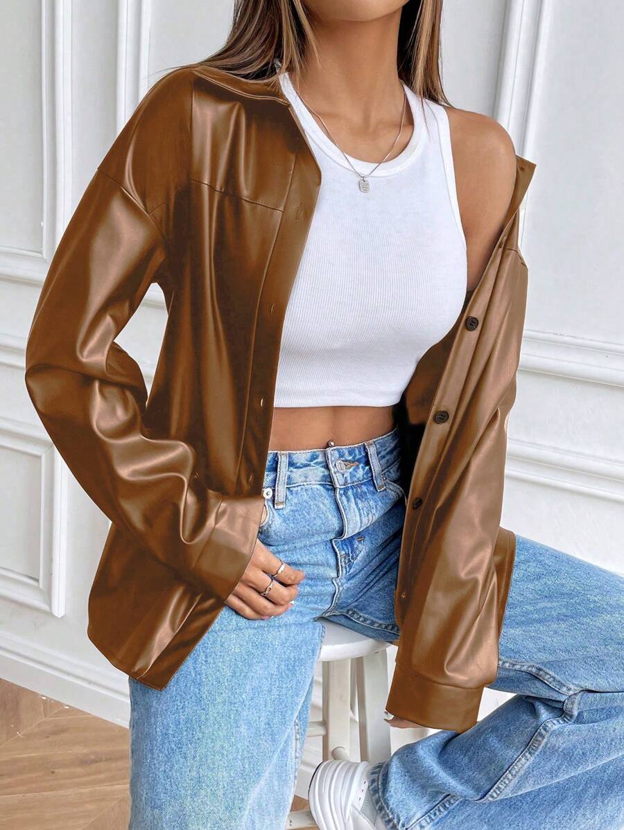 Flirla Women's PU Leather Jacket Autumn Long Sleeve Lapel Casual Street Fashion Faux Leather Black Coat