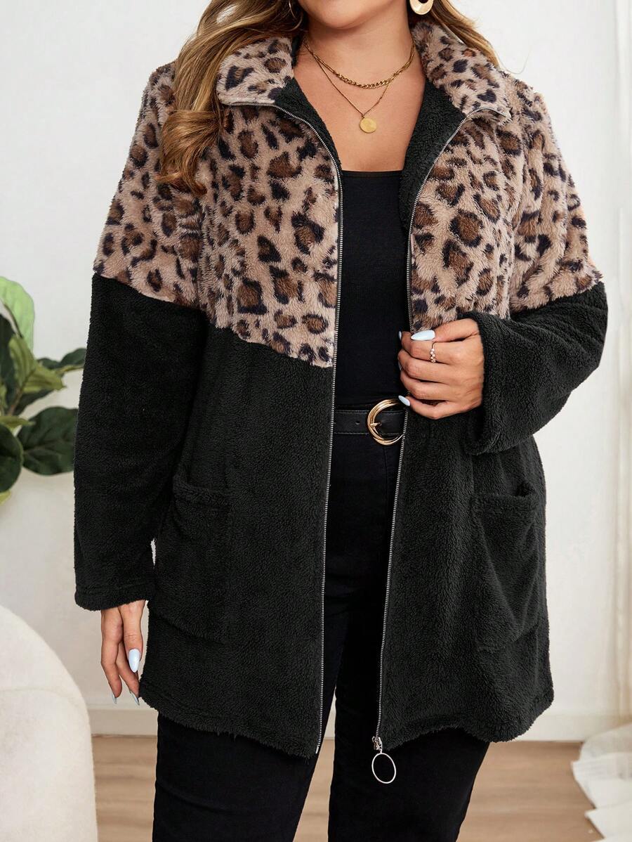 EMERY ROSE Plus Size Leopard Print Patchwork Fluffy Jacket Teddy Coat, Autumn/Winter