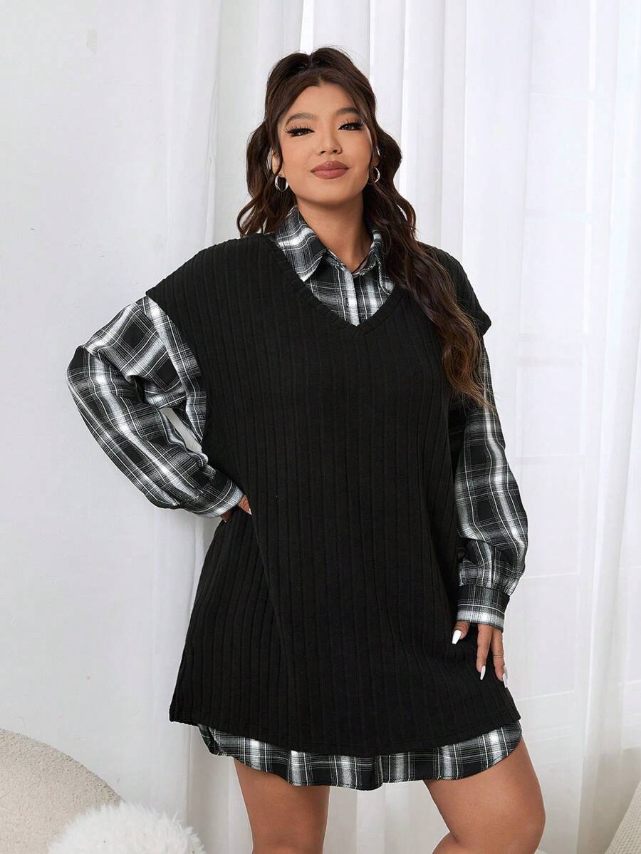 SHEIN EZwear Plus Size Plaid Shirt Dress With Solid Color Camisole 2 Pieces Set, Casual For Autumn