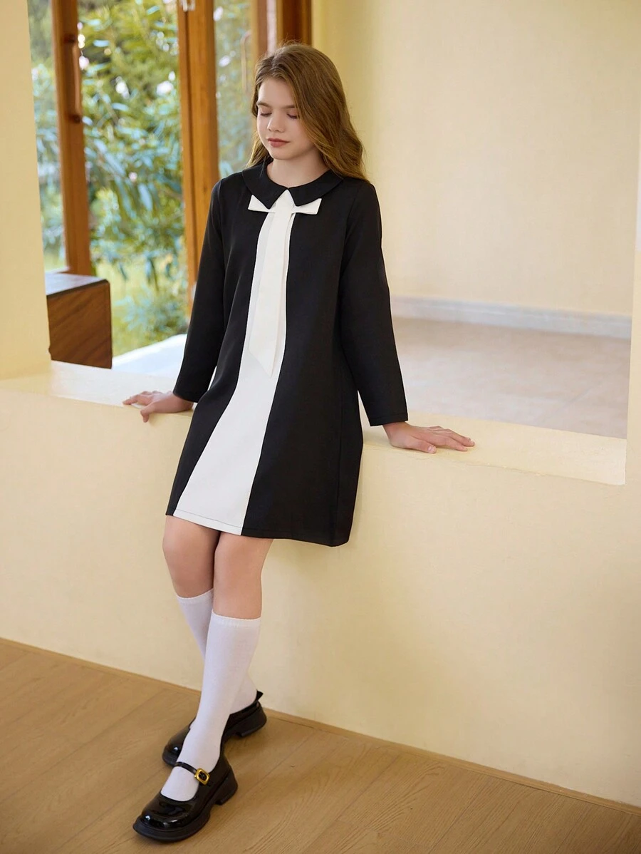 SHEIN Tween Girls Detachable Bow Contrast Black & White Elegant Long Sleeve A-Line Dress, Fashionable For Autumn/Winter