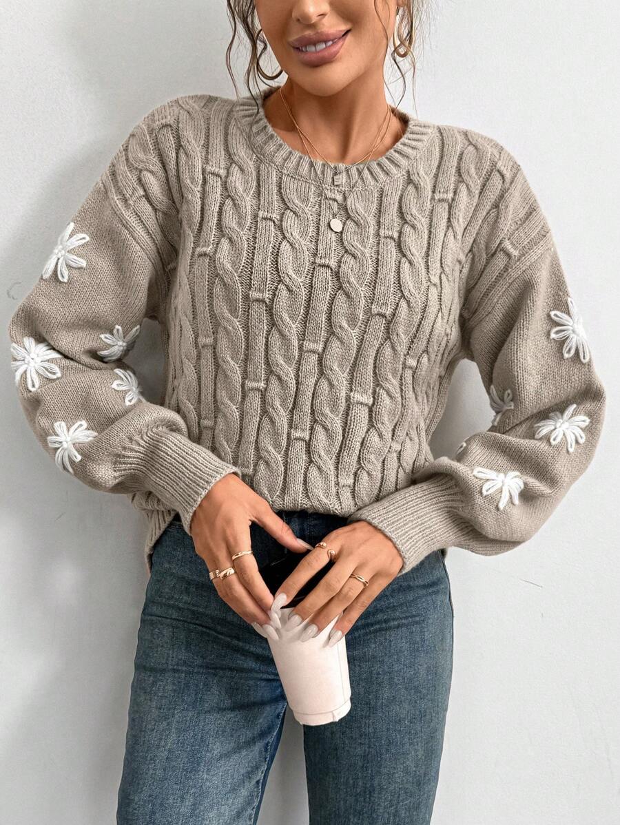 Calvaya European & American Autumn/Winter 3D Embroidered Flower & Twist Rope Decor Loose Casual Pullover Sweater
