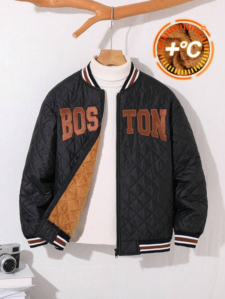 SHEIN Jaqueta corta-vento casual para meninos pré-adolescentes com gola canelada bordada e zíper, forro térmico grosso, adequada para deslocamento diário, escola, lazer, viagens, esportes, primavera/verão/outono/inverno