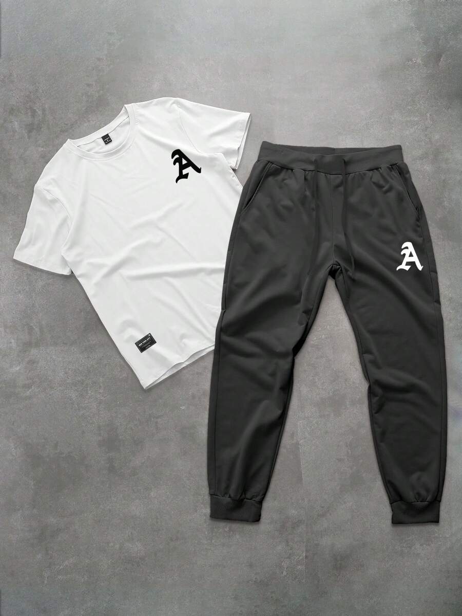 Manfinity Homme 2pcs Men Casual Letter Print Crew Neck Short Sleeve Top And Long Pants Set