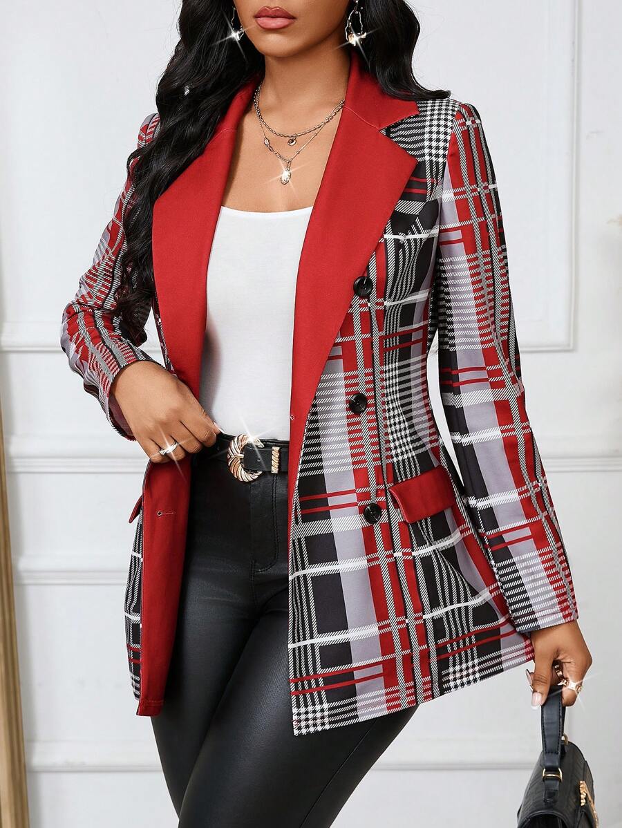 SHEIN Lady Women's Autumn Plaid Patchwork Colorblock Lapel Double Breasted Casual Regular Jacket