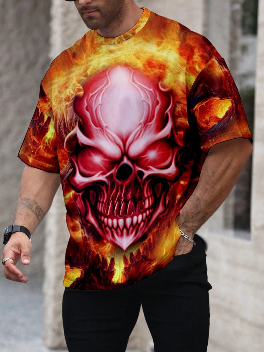 Manfinity LEGND Plus Size Men's Casual Crew Neck Short Sleeve Skull Print T-Shirt