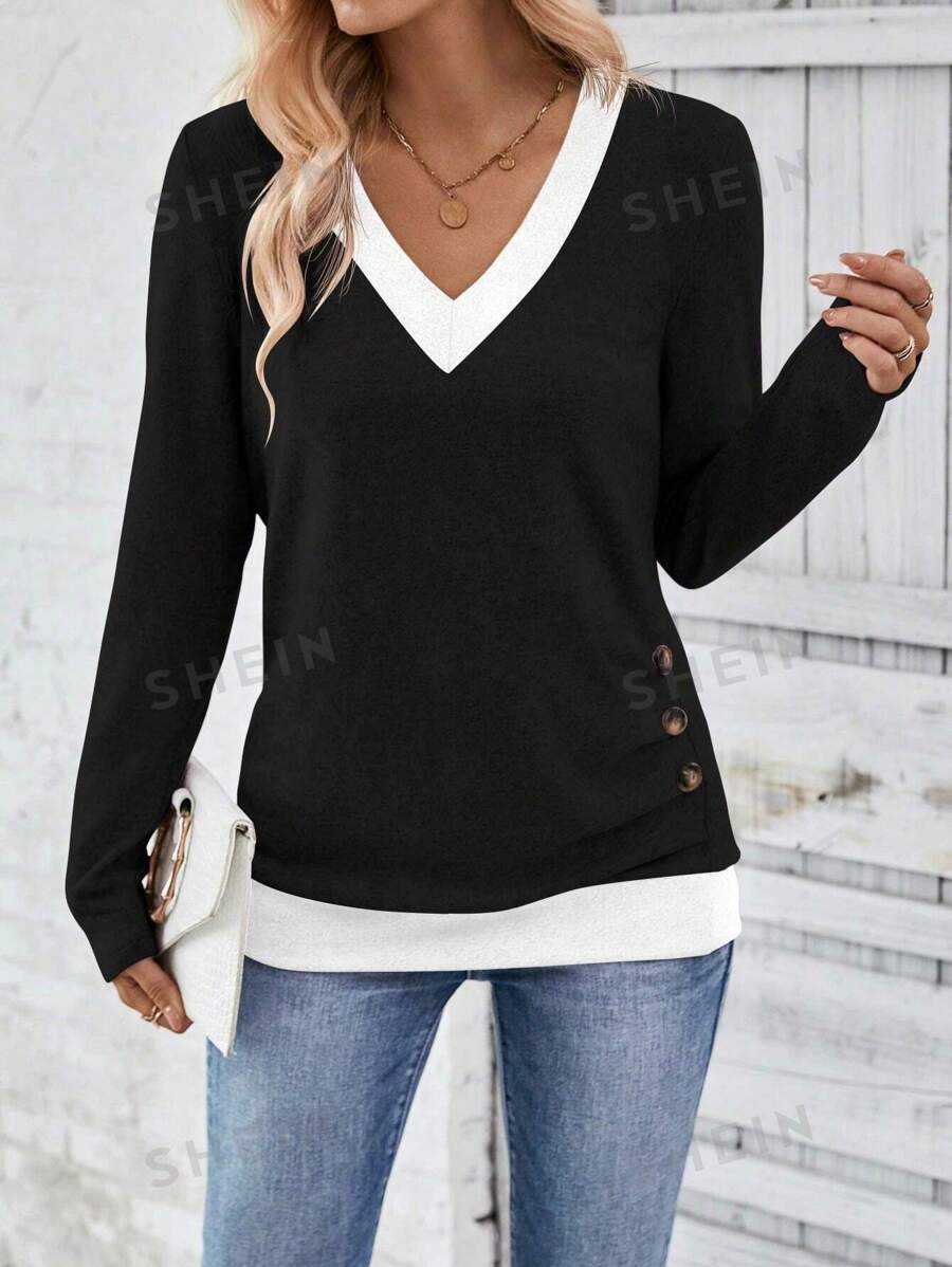 SHEIN LUNE Camiseta casual de manga larga con cuello en V y bloqueo de color para mujer, blusas gráficas para mujer para atuendos de primavera