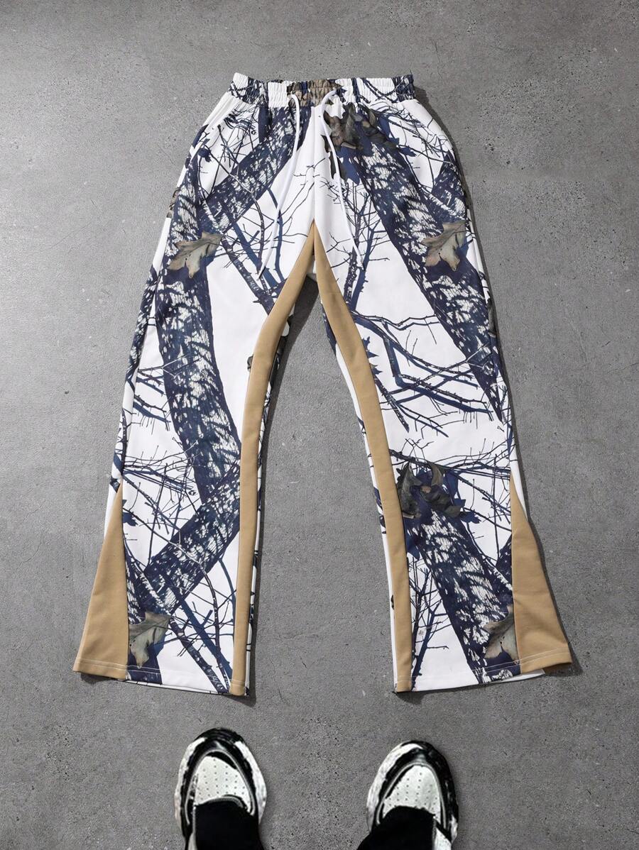 Manfinity Streetrush Pantalones deportivos casuales para hombres con gráfico impreso de rama, cintura con cordón, regalos para novio, regalos de Navidad, pantalones anchos y holgados de estilo urbano con bloques de colores, para el esposo