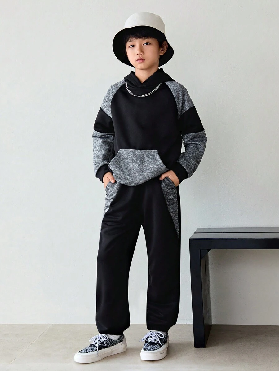 SHEIN Tween Boy Two Tone Raglan Sleeve Hoodie & Sweatpants