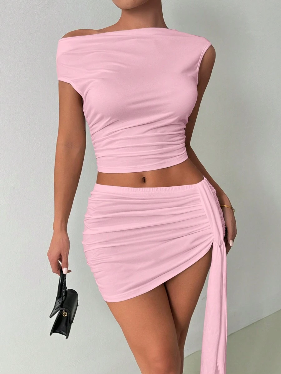 INAWLY Zomerse effen asymmetrische geplooide cropped top en bodycon minirok, 2-delige set