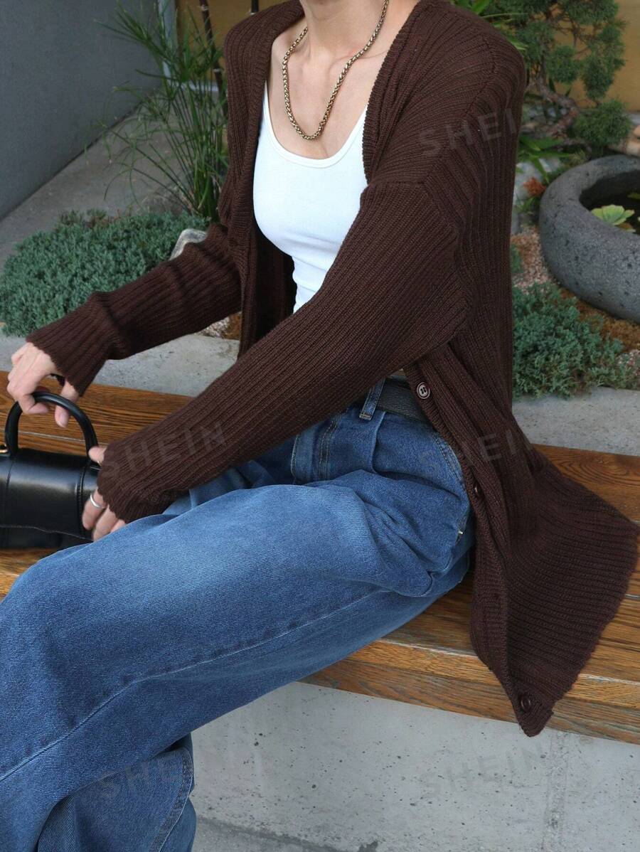 DAZY 1 pieza Chaqueta de punto de mujer con cuello en V, ajuste holgado, unicolor, manga larga y bolsillos