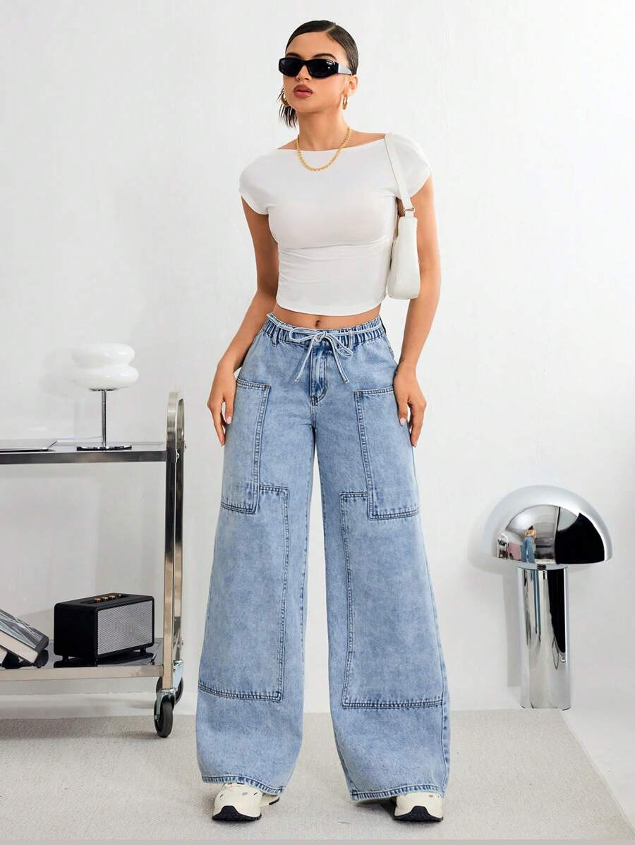 SHEIN Essnce Women's Belted Wide Leg Loose Casual Denim Pants