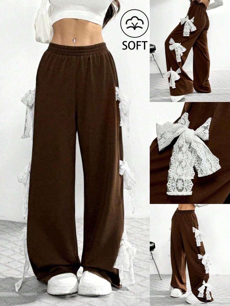 Chiquease Ins Style Casual Women Wide Leg Pants With Bow Lace Patchwork Detail, Loose Fit Straight Trousers For Autumn